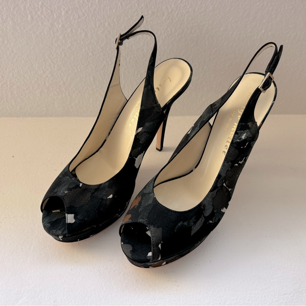 Bettye Muller Bombshell Black and Green Peep Toe Heels